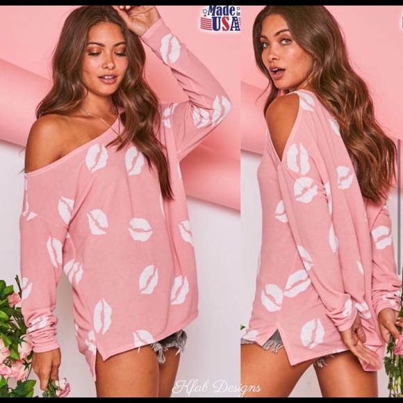 New! Sale!🔥 Barbie Pink w/ Lips Asymmetrical Cut Out Shoulder Cold Shoulder Top - Picture 4 of 9